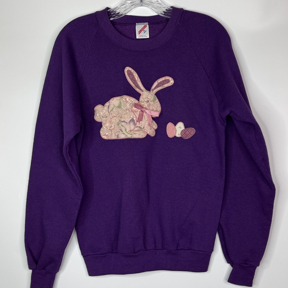 Jerzees Purple Easter Bunny Embroidered Raglan Sleeve Sweatshirt Medium